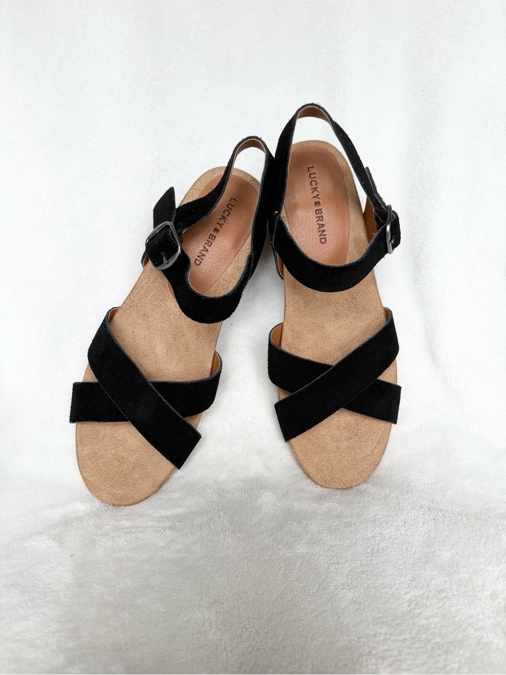 Lucky Brand Sandals Womens 7 M Black Suede Payton Wooden Block Heel Strappy New